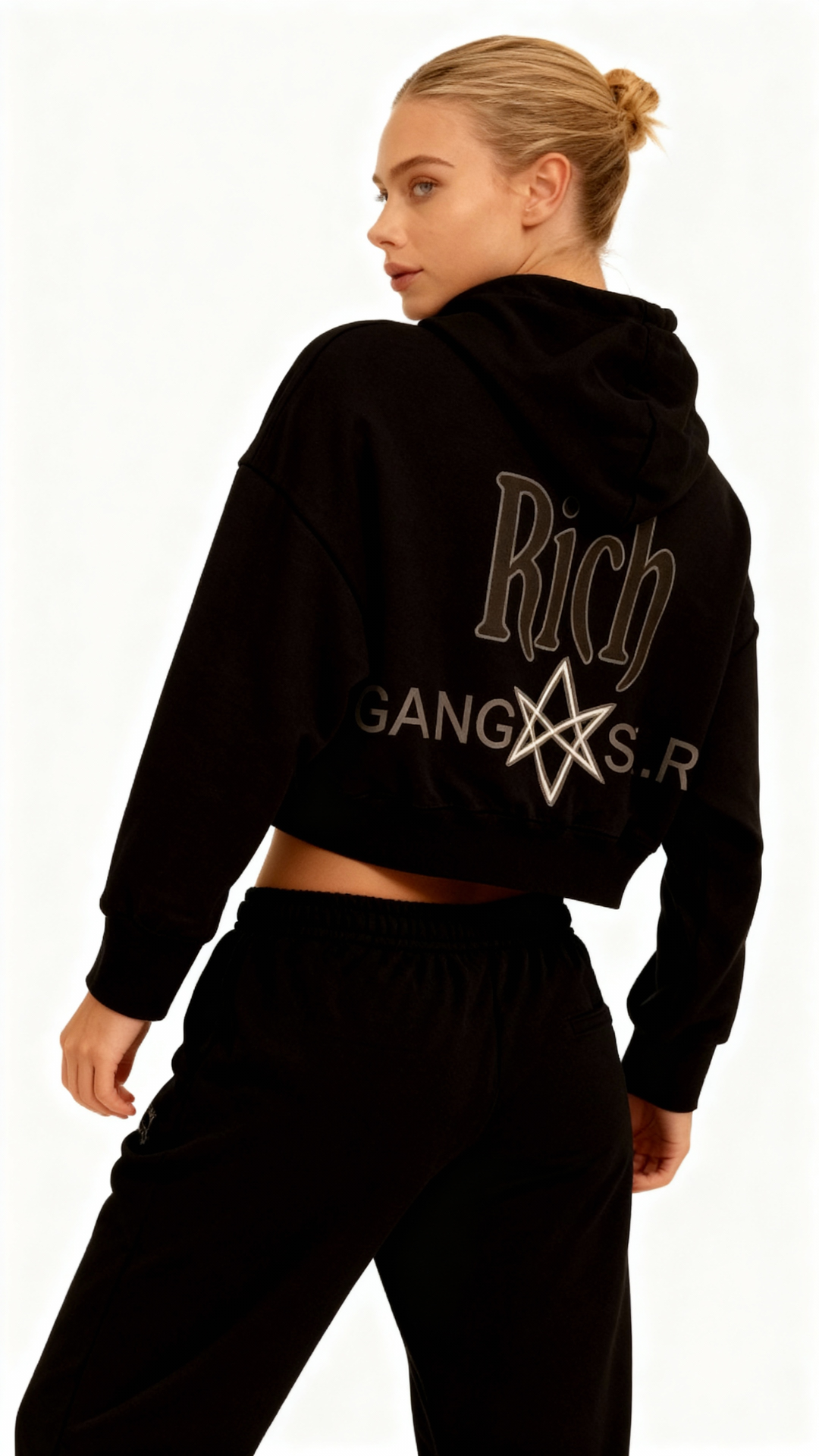 The Journey Luxurious Black Women’s Crop Top Hoodie Tracksuit - Image 2