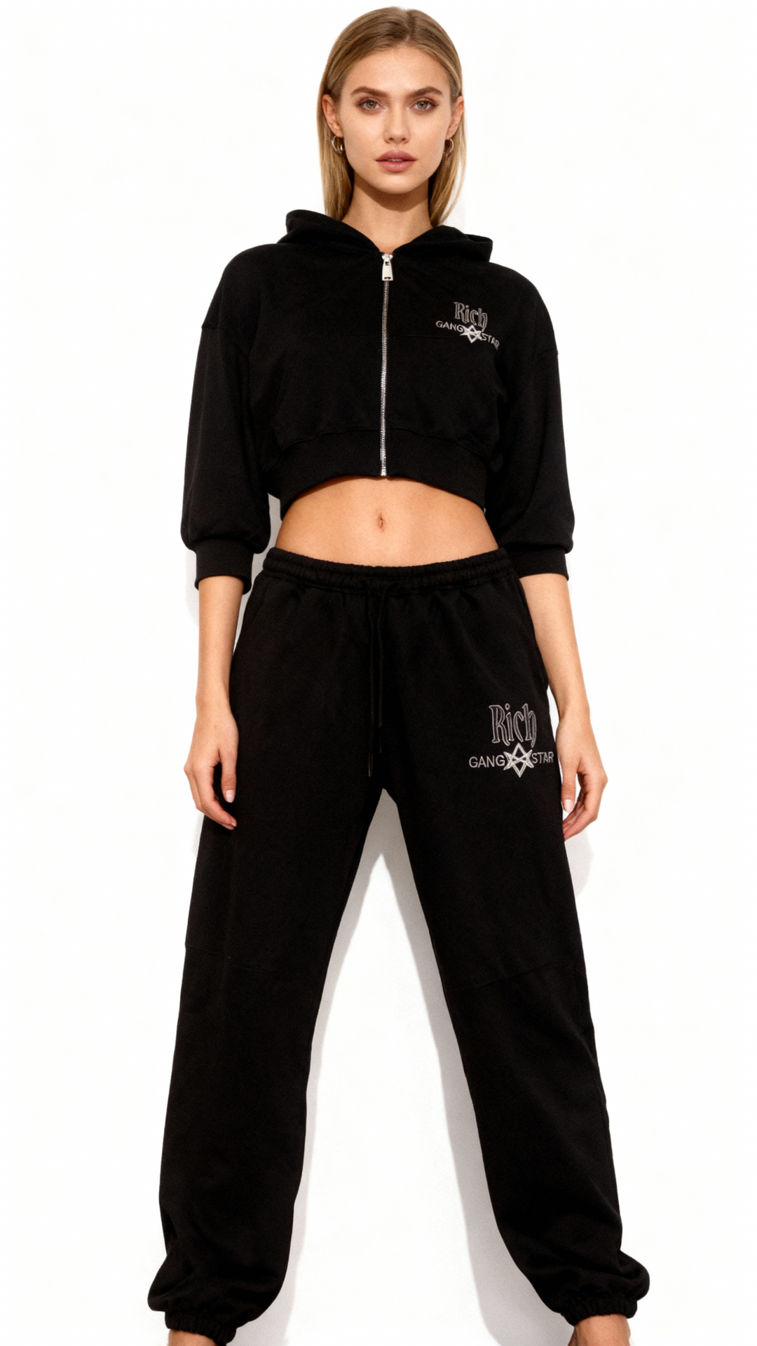 The Journey Luxurious Black Women’s Crop Top Hoodie Tracksuit - Image 3